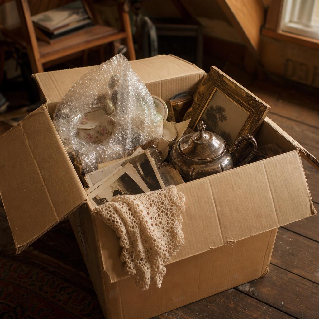 An unsorted box of antiques in an attic