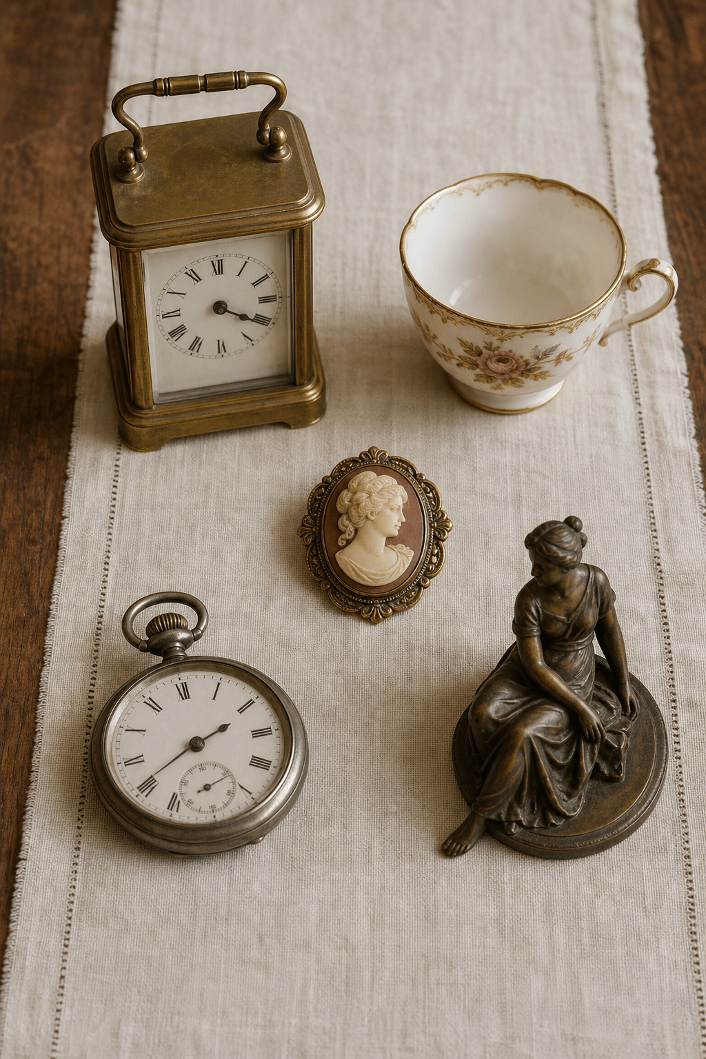 An assortment of antiques: a carriage clock, teacup, cameo brooch, pocket watch, and bronze figurine