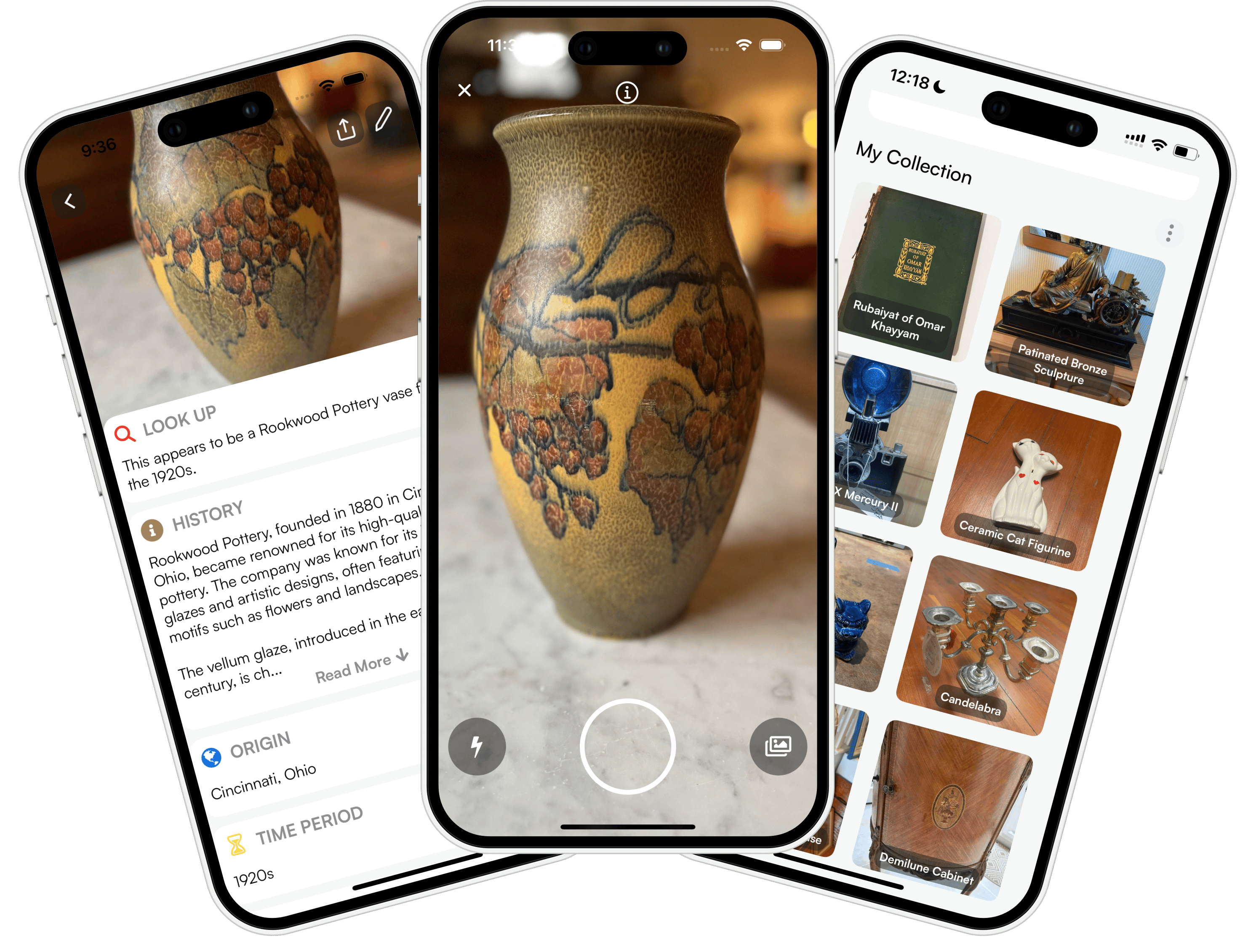 Curio identifying a Rookwood pottery vase, showing its history, origin, and time period