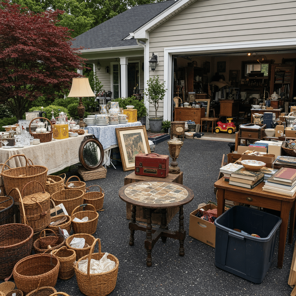 Tables of antiques and collectibles laid out at a garage sale